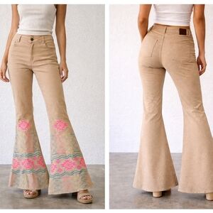 L&B Embroidered Tan Vibrant Aztec Tribal Extreme Flare Wide Leg Jeans
